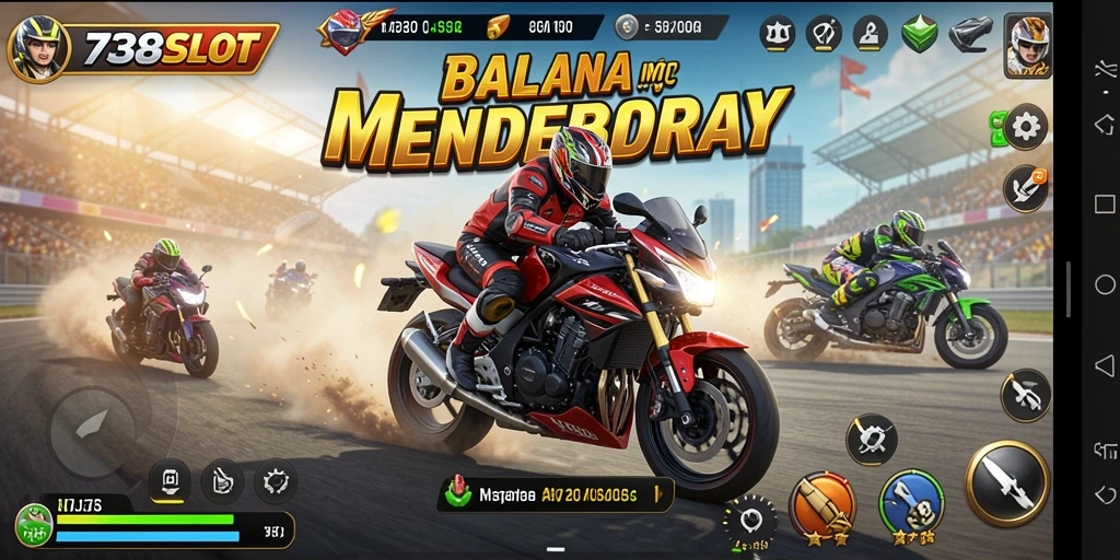 Screenshot gameplay 738SLOT menampilkan aksi balapan motor yang mendebarkan.
