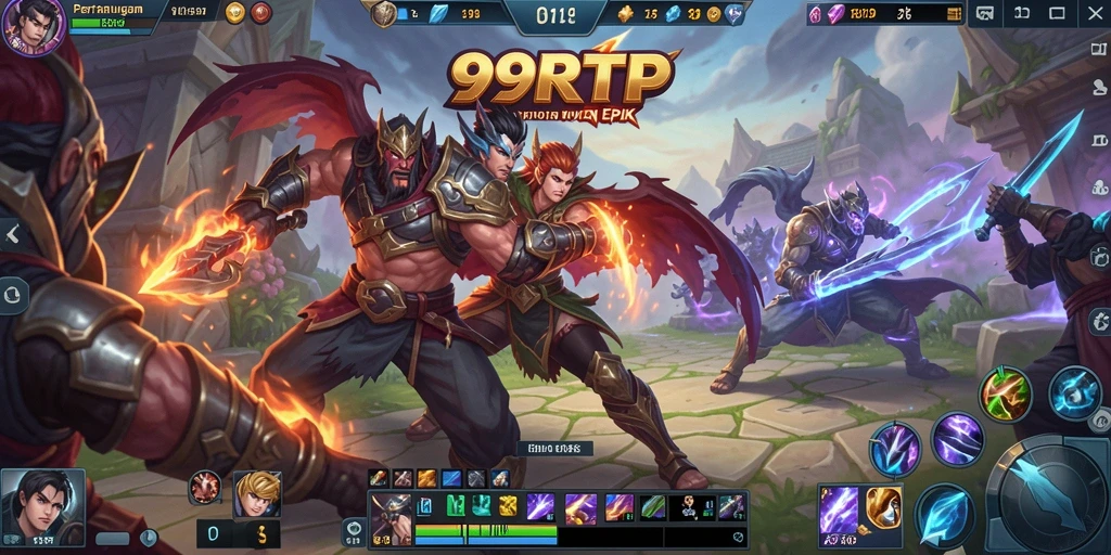 Screenshot gameplay 99RTP yang menampilkan aksi pertarungan MOBA yang intens.