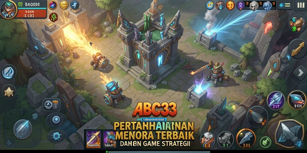 Gameplay seru dalam ABC33, melawan gelombang musuh dengan menara.
