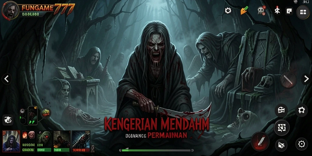 Screenshot mengerikan dari gameplay FUNGAME777 menunjukkan karakter di lokasi angker.