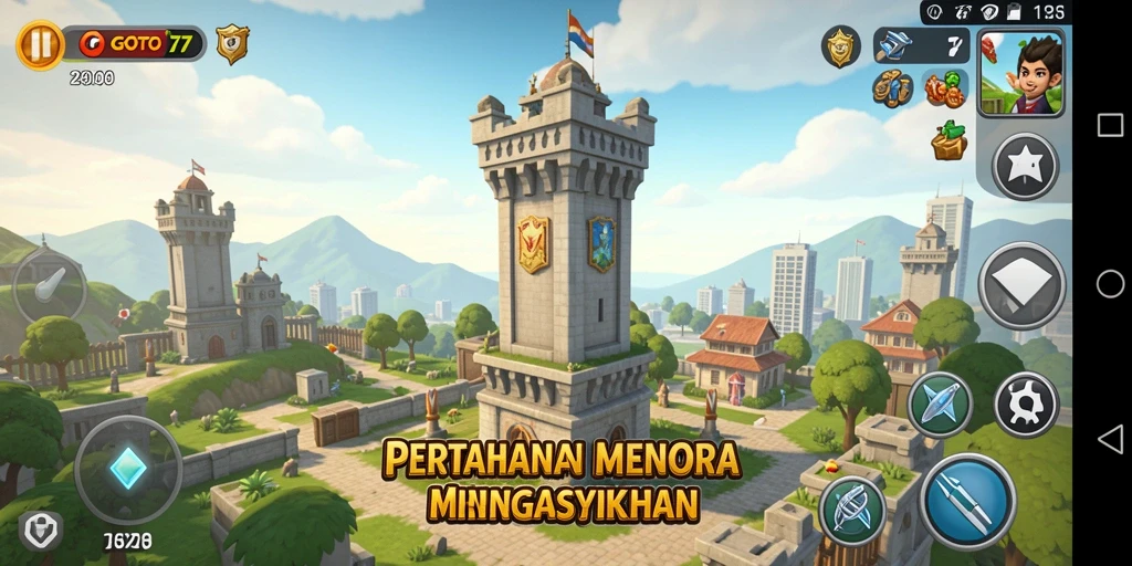 Screenshot GOTO77 menampilkan aksi pertahanan menara yang intens dan mendebarkan.