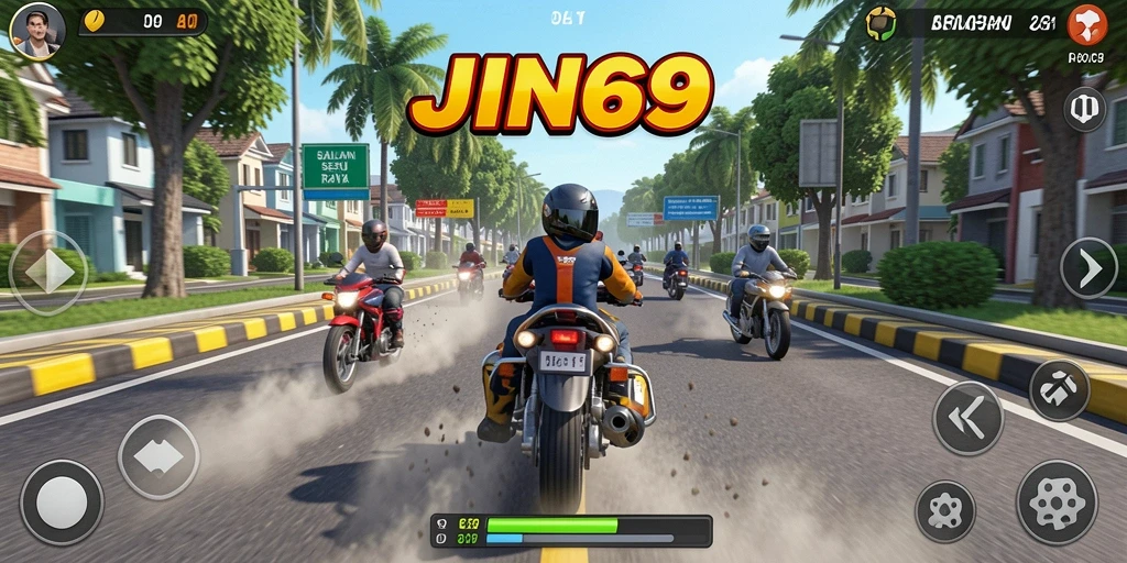 Screenshot JIN69 menunjukkan balapan mendebarkan di jalan raya.