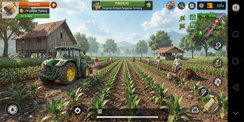 Tampilan gameplay PAKDE4D dengan ladang hijau subur dan aktivitas pertanian.
