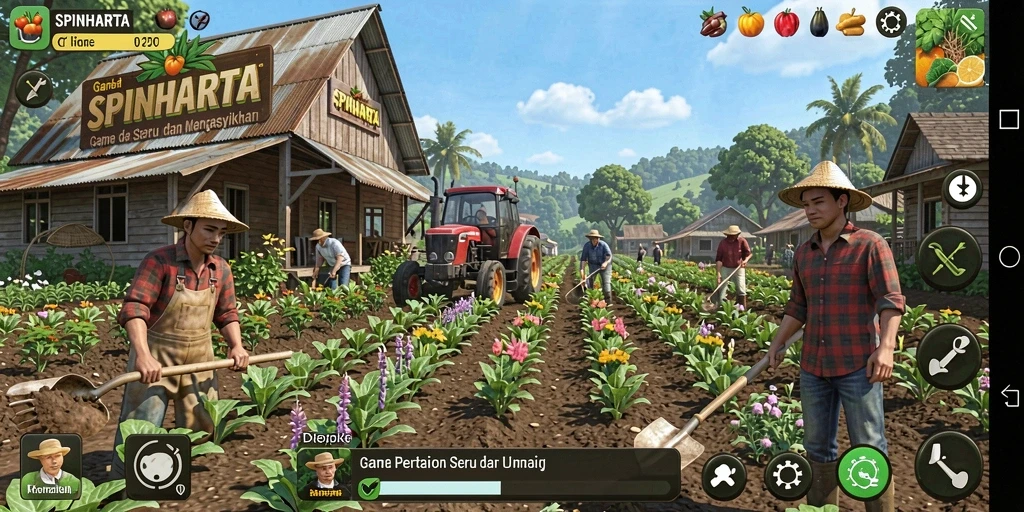 Tangkapan layar gameplay SPINHARTA yang menarik dengan aktivitas bertani.